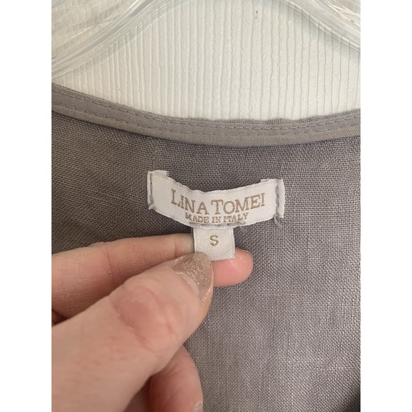 Lina Tomei Italy 100% Linen Dress Embellished Neck Gray Size Small - Picture 6 of 14